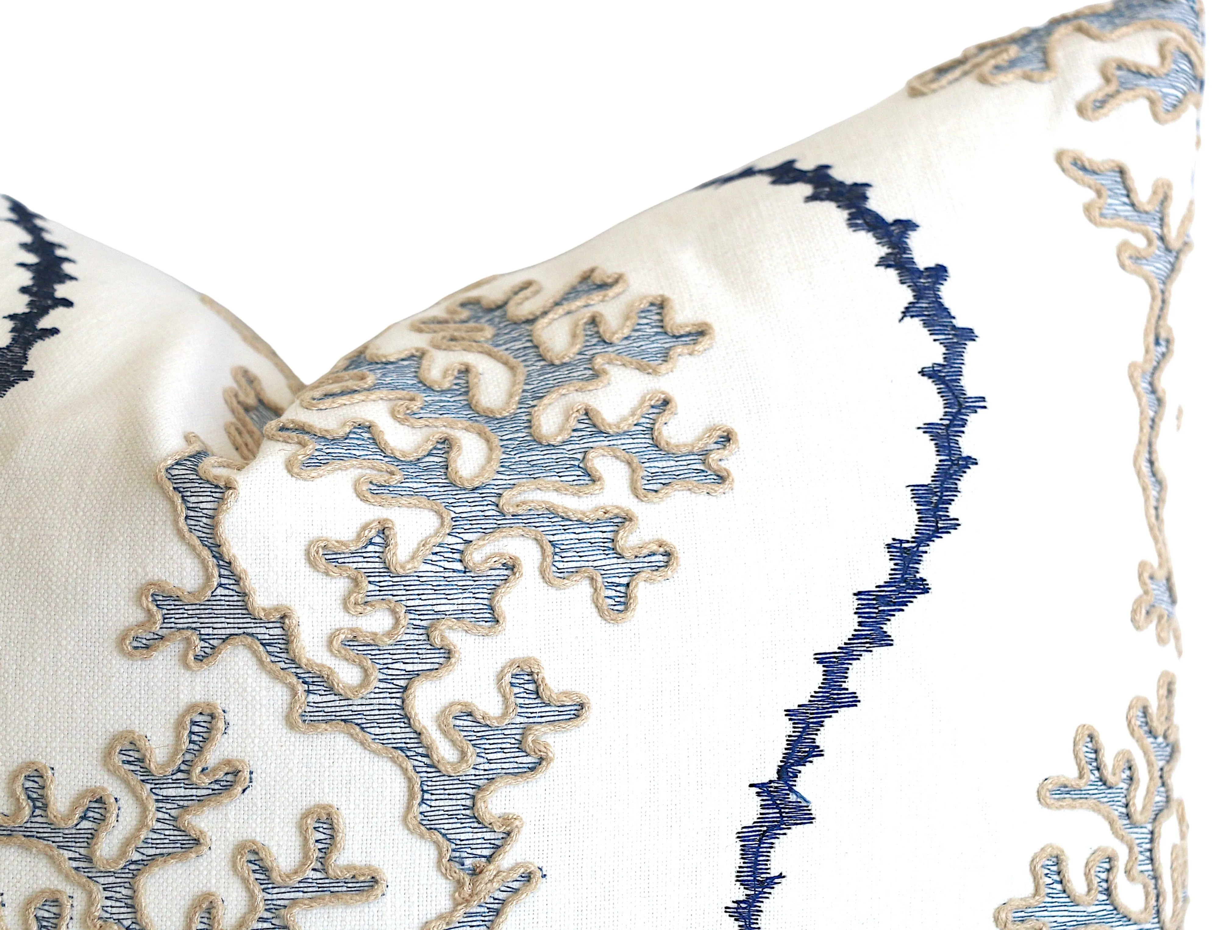 Navy Reef: Nautical Embroidered Beige, White, and Blue Pillow Cover