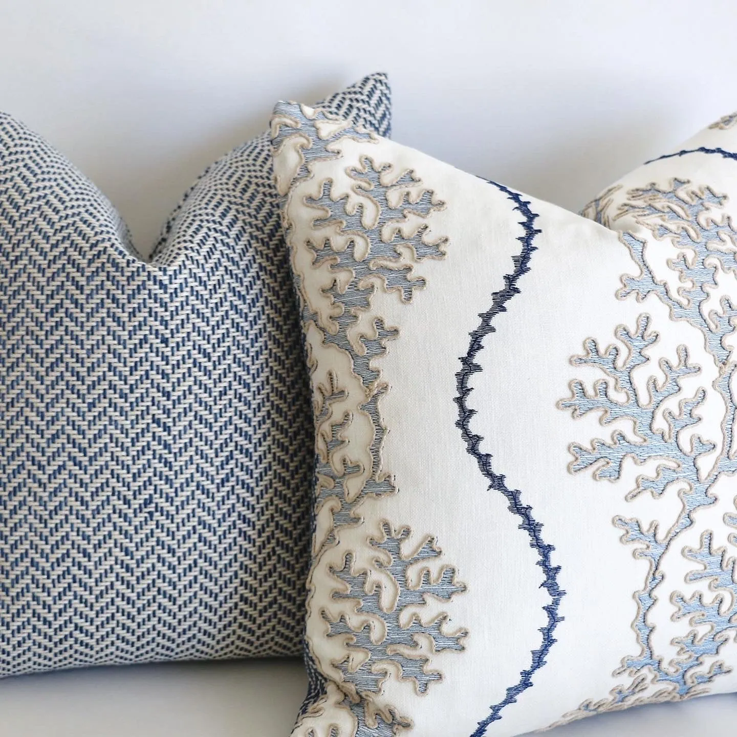 Navy Reef: Nautical Embroidered Beige, White, and Blue Pillow Cover