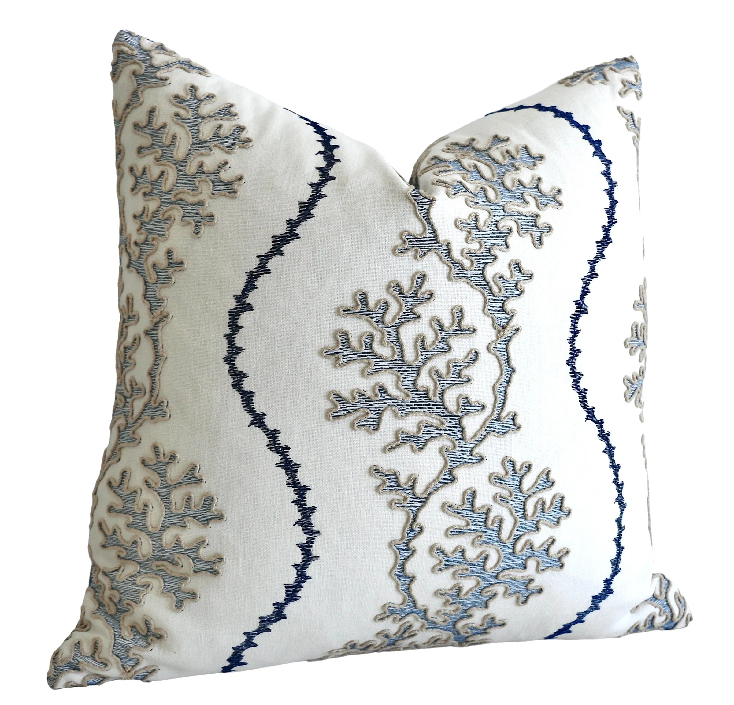 Navy Reef: Nautical Embroidered Beige, White, and Blue Pillow Cover