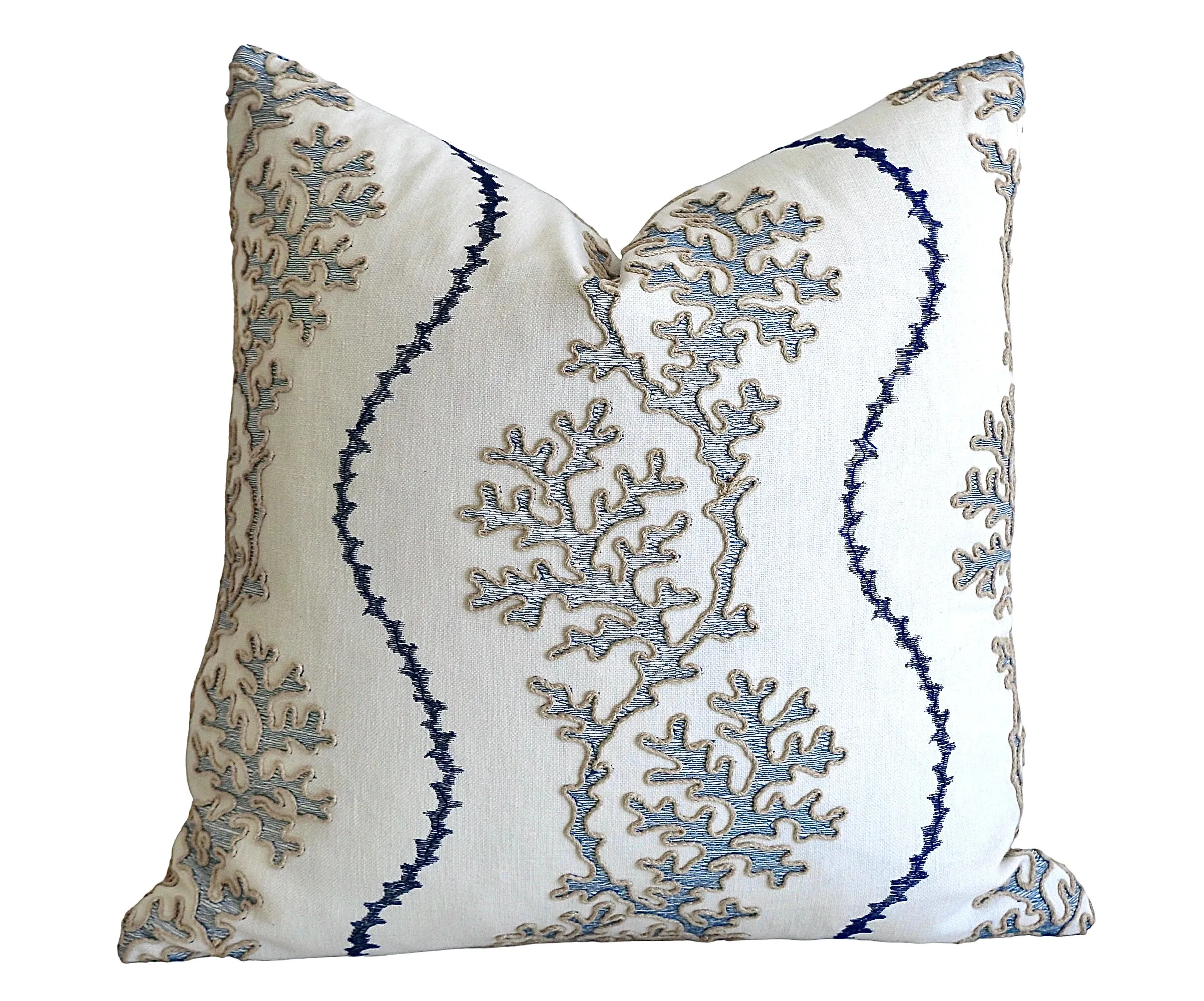 Navy Reef: Nautical Embroidered Beige, White, and Blue Pillow Cover