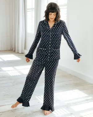 Navy Satin Frill Polka Dot Long Pyjama Set