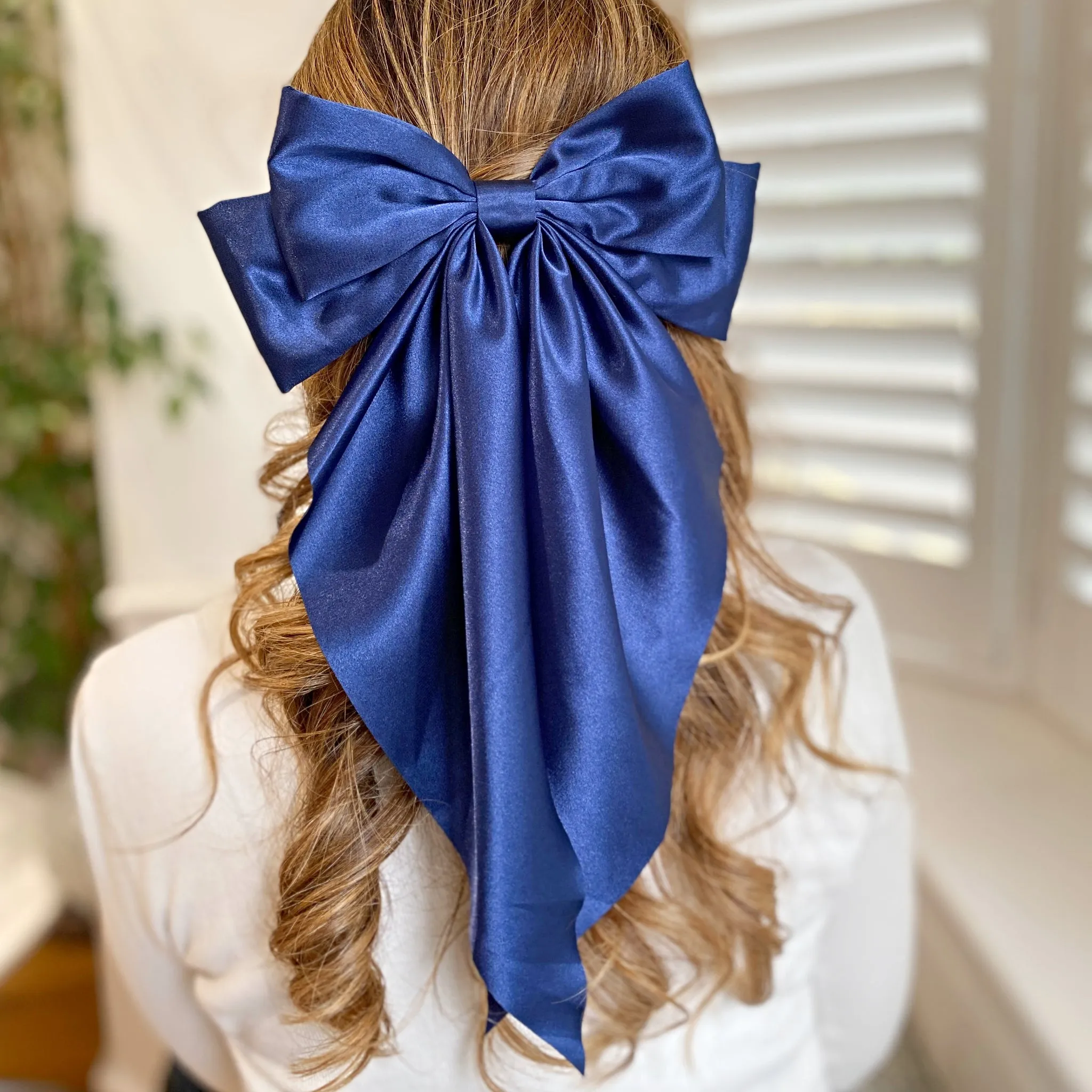 Navy Satin Hair Bow Navy Hair Clip Long Bow