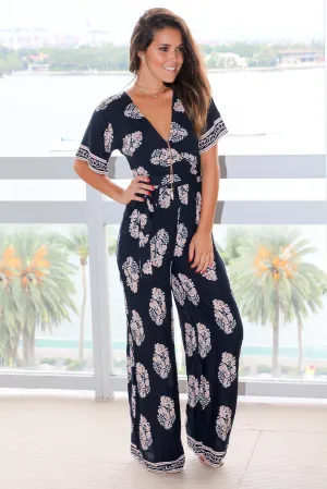 Navy Short Sleeve Printed Jumpsuit