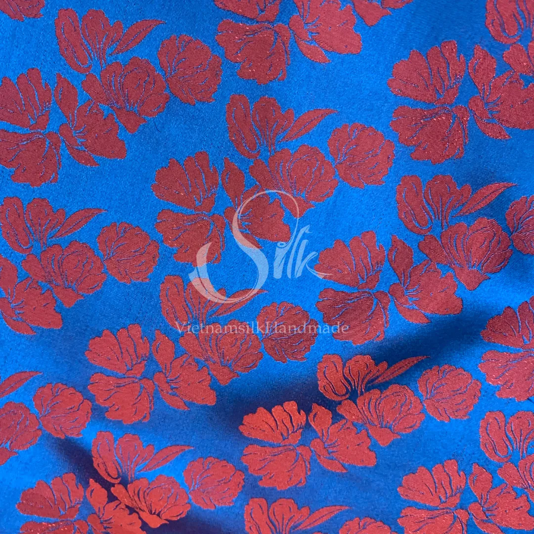 Navy Silk with Big Orange Flowers - PURE MULBERRY SILK fabric by the yard -  Floral Silk -Luxury Silk - Natural silk - Handmade in VietNam