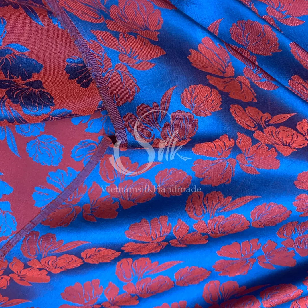 Navy Silk with Big Orange Flowers - PURE MULBERRY SILK fabric by the yard -  Floral Silk -Luxury Silk - Natural silk - Handmade in VietNam