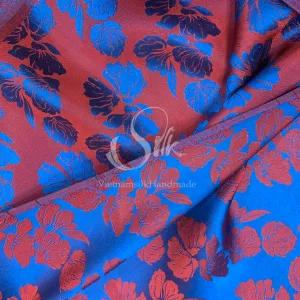 Navy Silk with Big Orange Flowers - PURE MULBERRY SILK fabric by the yard -  Floral Silk -Luxury Silk - Natural silk - Handmade in VietNam