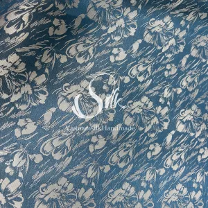 Navy Silk with Gray Flowers -Raining Design - PURE MULBERRY SILK fabric by the yard -  Floral Silk -Luxury Silk - Natural silk - Handmade in VietNam