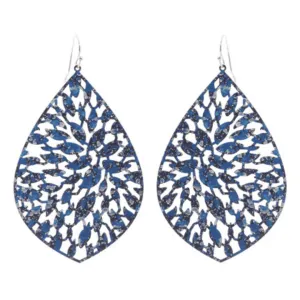 Navy Silver Teardrop Filigree Statement Earrings