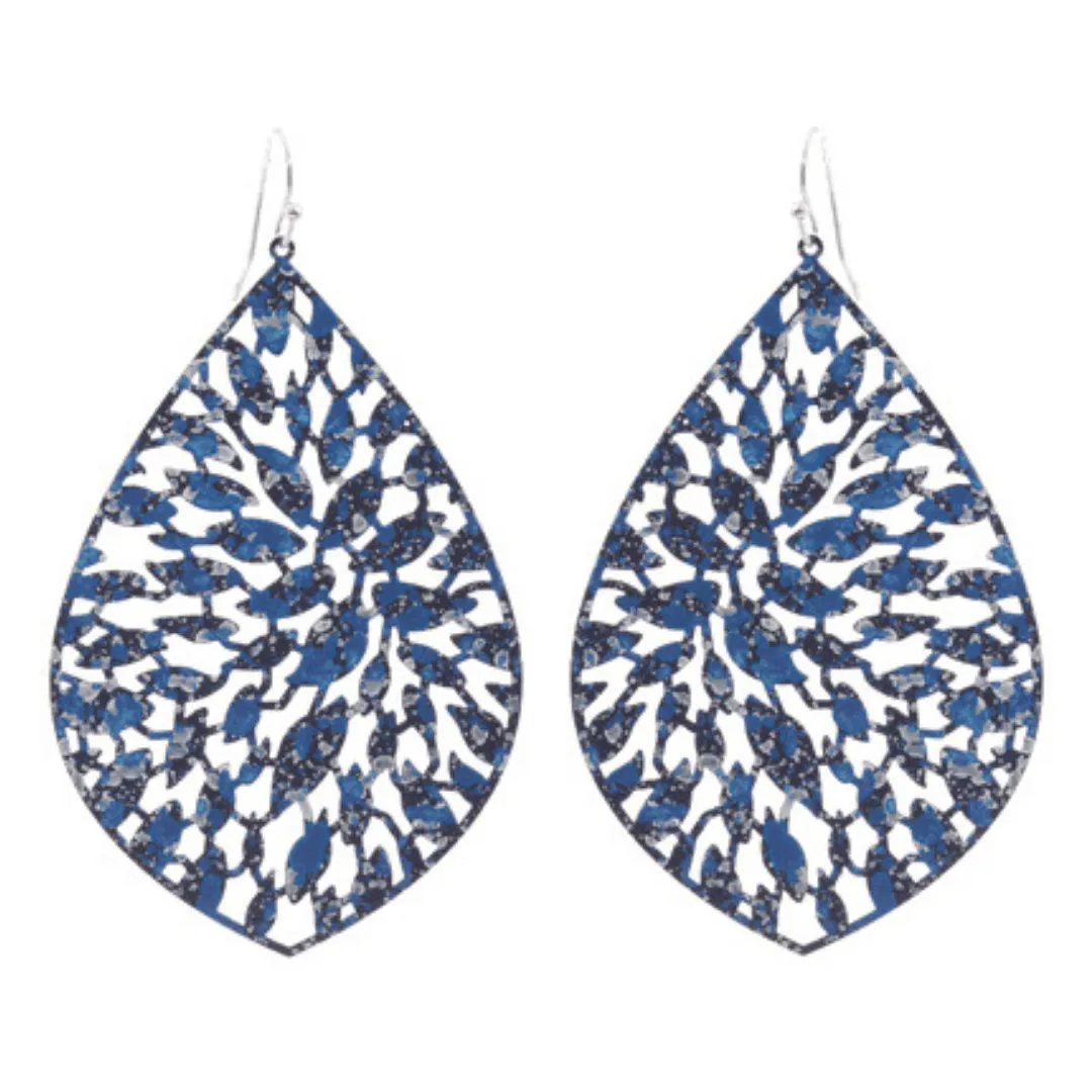 Navy Silver Teardrop Filigree Statement Earrings