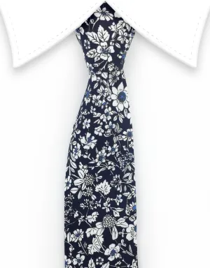 Navy Skinny Cotton Tie with White Flowers