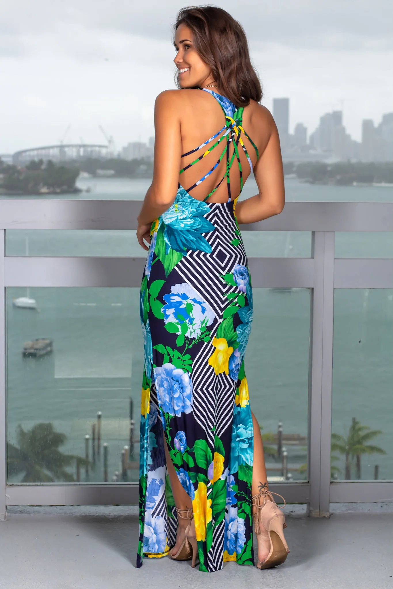 Navy Sleeveless Printed Maxi Dress with Strappy Back