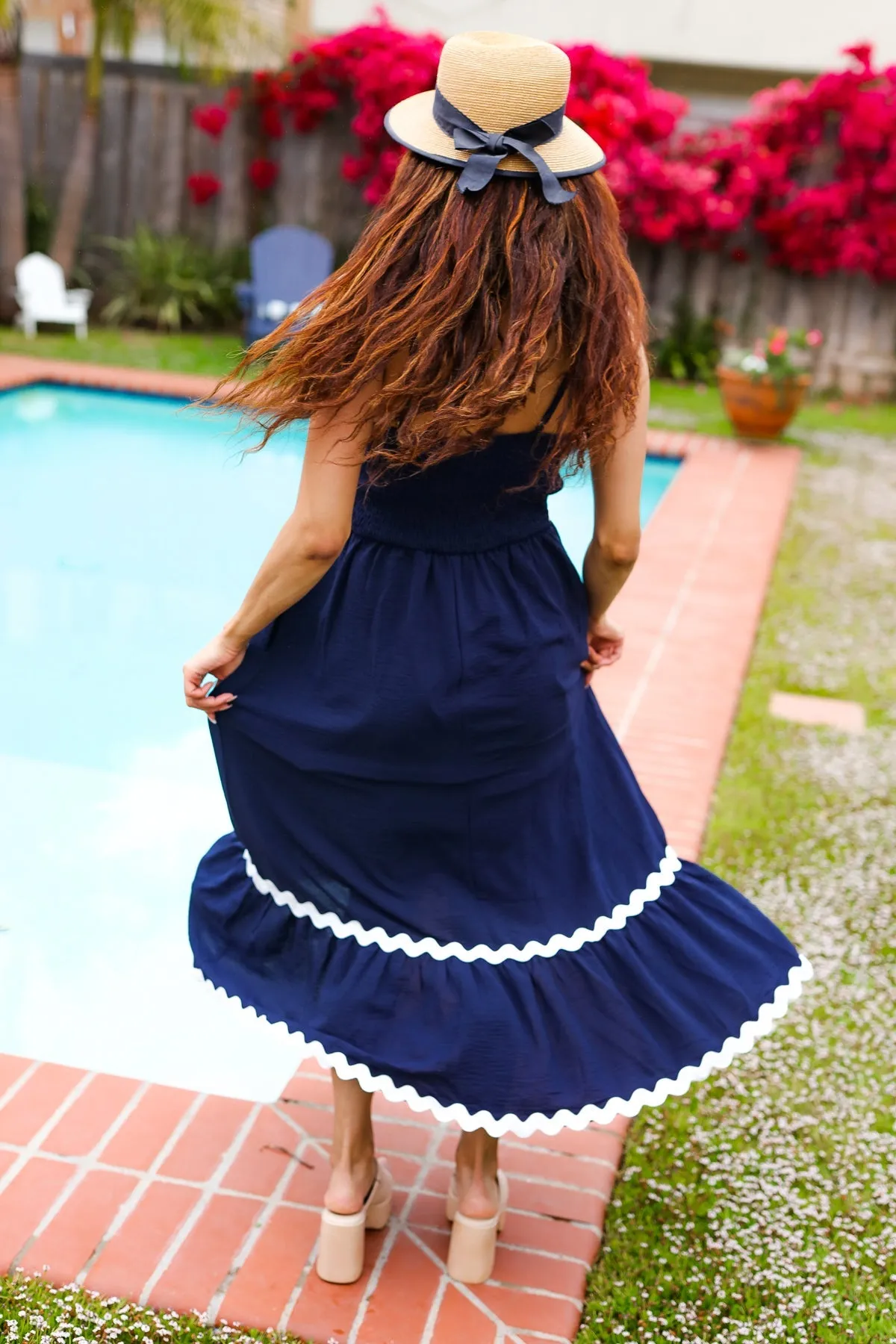 Navy Square Neck Wavy Trim Adjustable Strap Maxi Dress