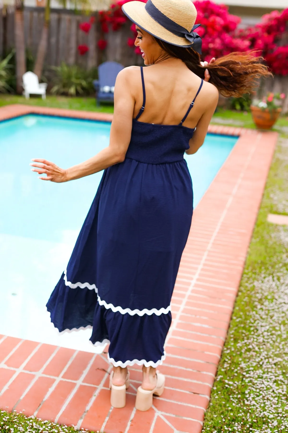 Navy Square Neck Wavy Trim Adjustable Strap Maxi Dress