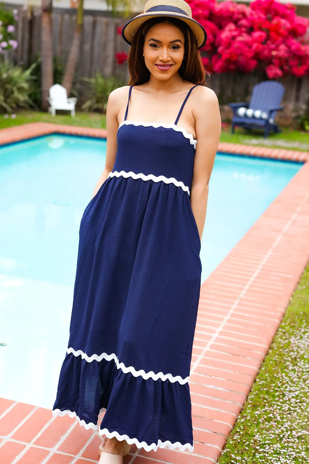 Navy Square Neck Wavy Trim Adjustable Strap Maxi Dress