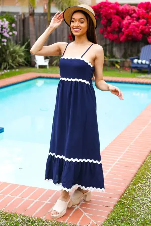 Navy Square Neck Wavy Trim Adjustable Strap Maxi Dress