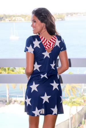 Navy Star Short Dress with Criss Cross Back