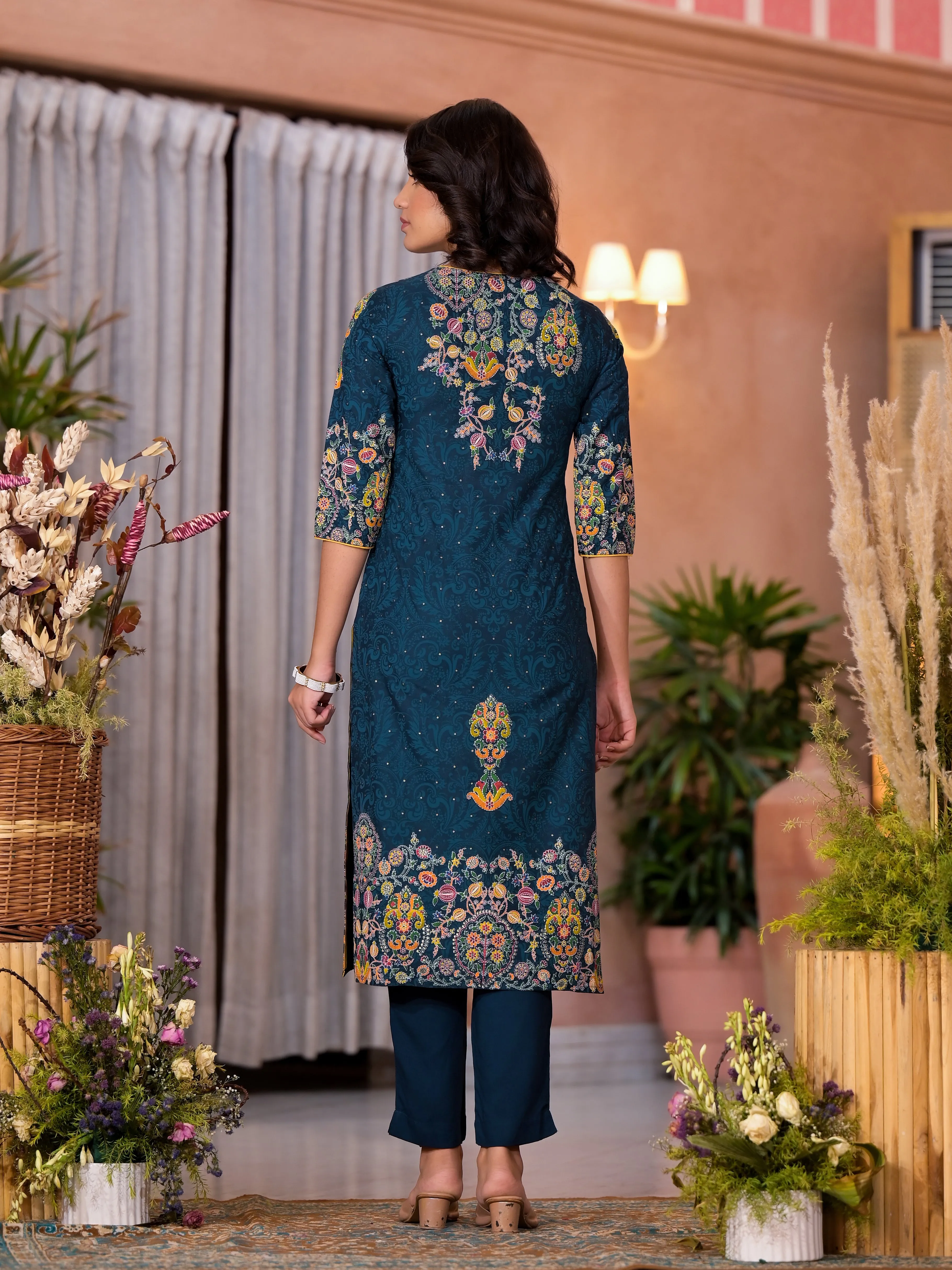 Navy Thread Embroidered Liva Rayon Kurta Pant And Dupatta Set With Sequins Beads & Lace