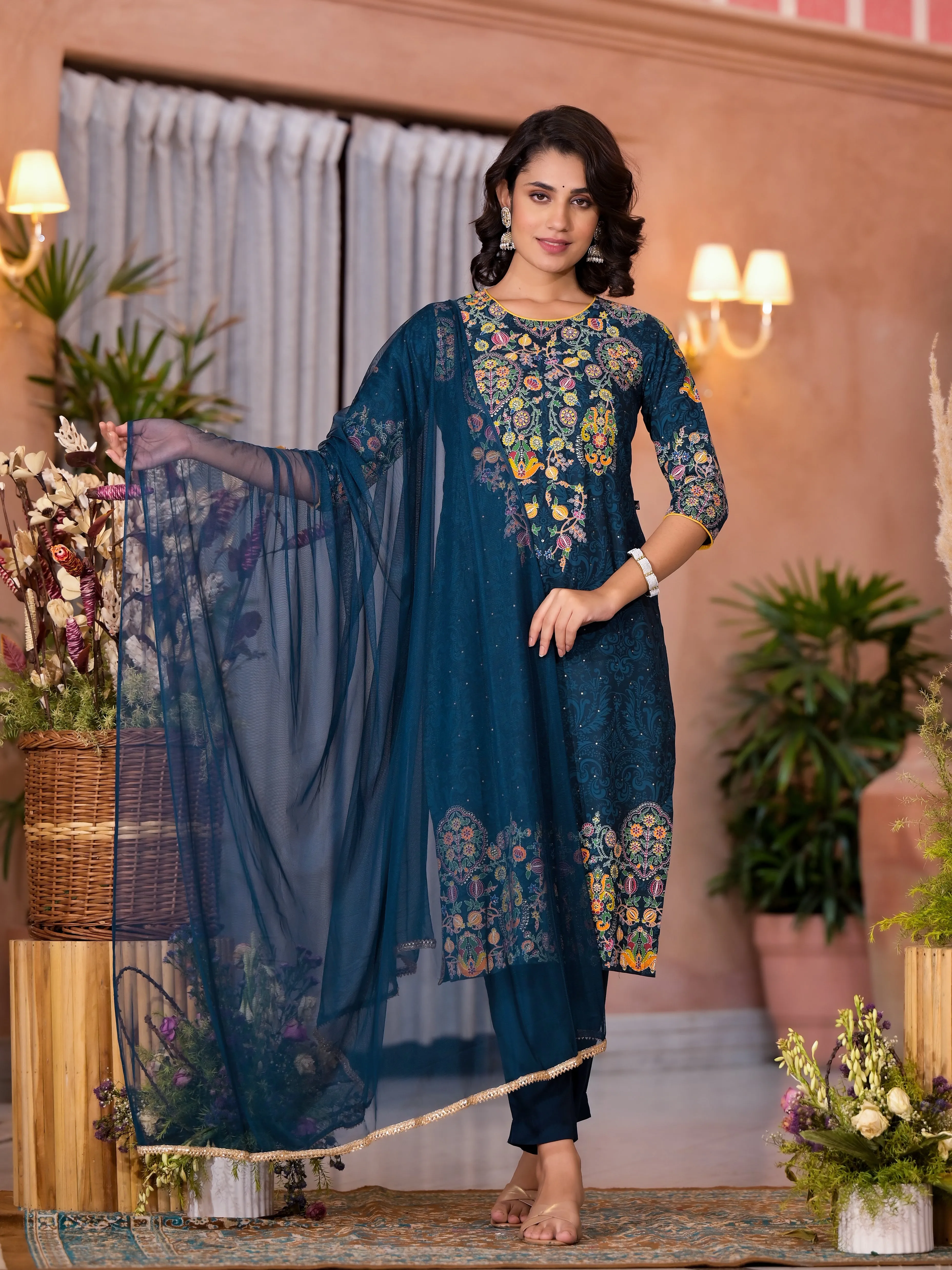 Navy Thread Embroidered Liva Rayon Kurta Pant And Dupatta Set With Sequins Beads & Lace