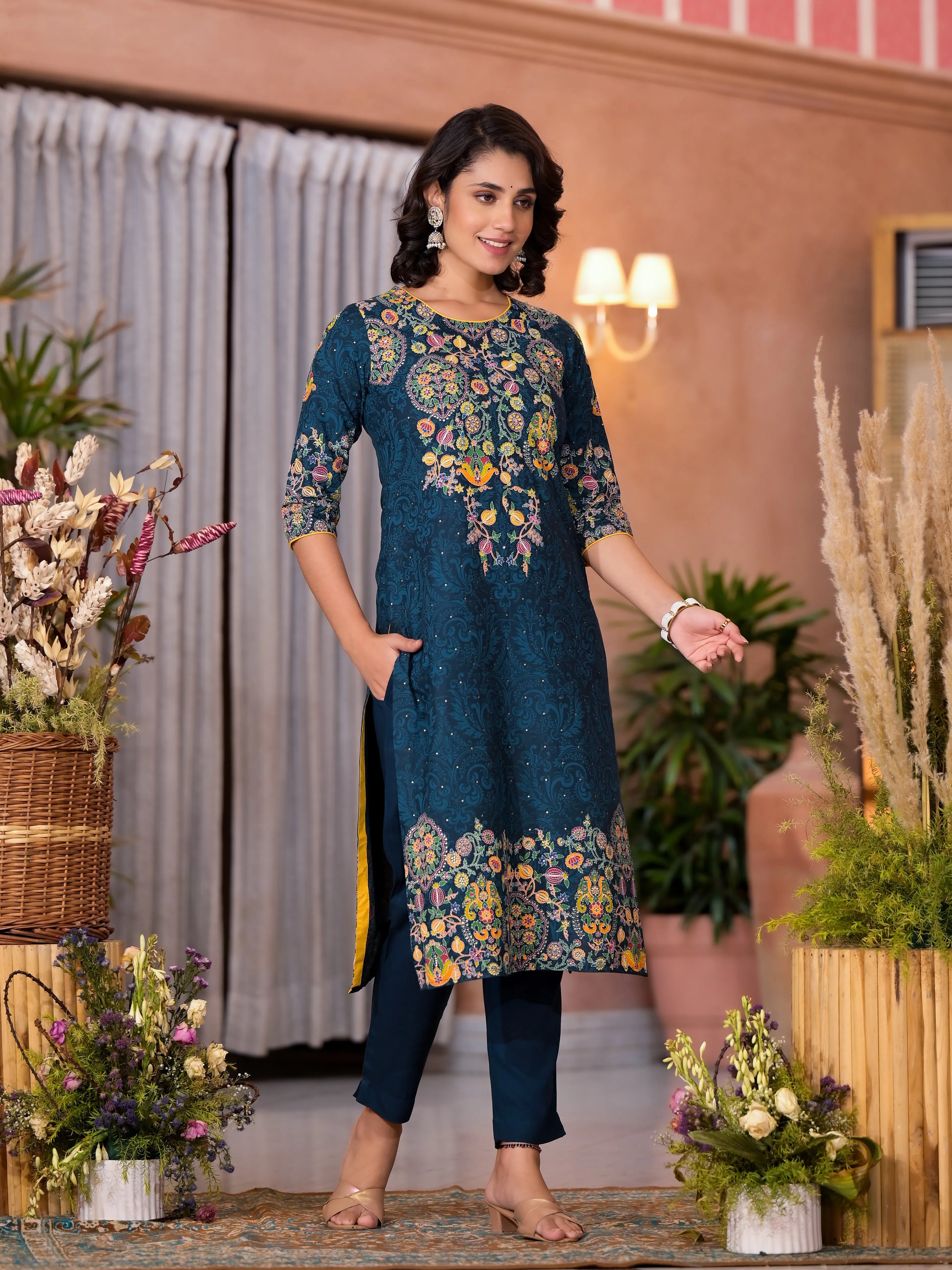 Navy Thread Embroidered Liva Rayon Kurta Pant And Dupatta Set With Sequins Beads & Lace