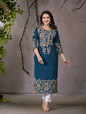 Navy Thread Work Embroidered Liva Rayon Kurta With Sequins & Beads