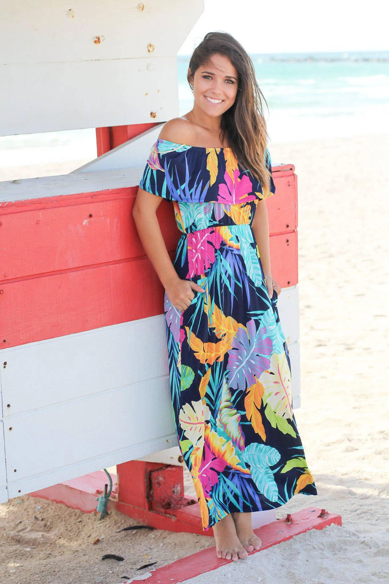 Navy Tropical Off Shoulder Maxi Dress with Strap