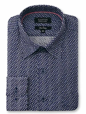 Navy White Print Classic Fit Alton Pure Cotton Shirt