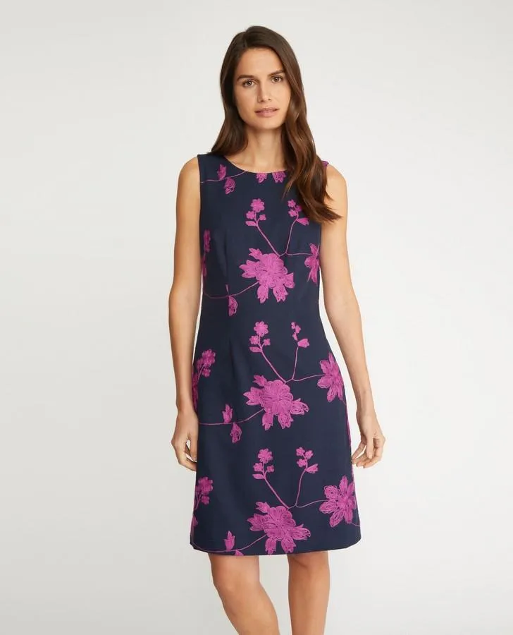 Navy/Hot Pink Embroidered Shift Dress