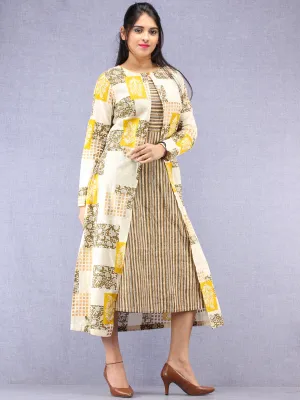 Nazan - Block Printed Cotton Middi Dress With Tunic & Cape - D393F2015