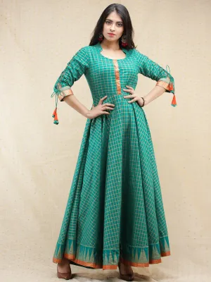 Nazma - Sea Green Gold Checks Printed Long Urave Cut Dress - D378F1996