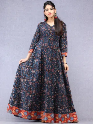 Nazmin - Hand Block Printed Long Cotton Dress With Back Knots  - D162F1301