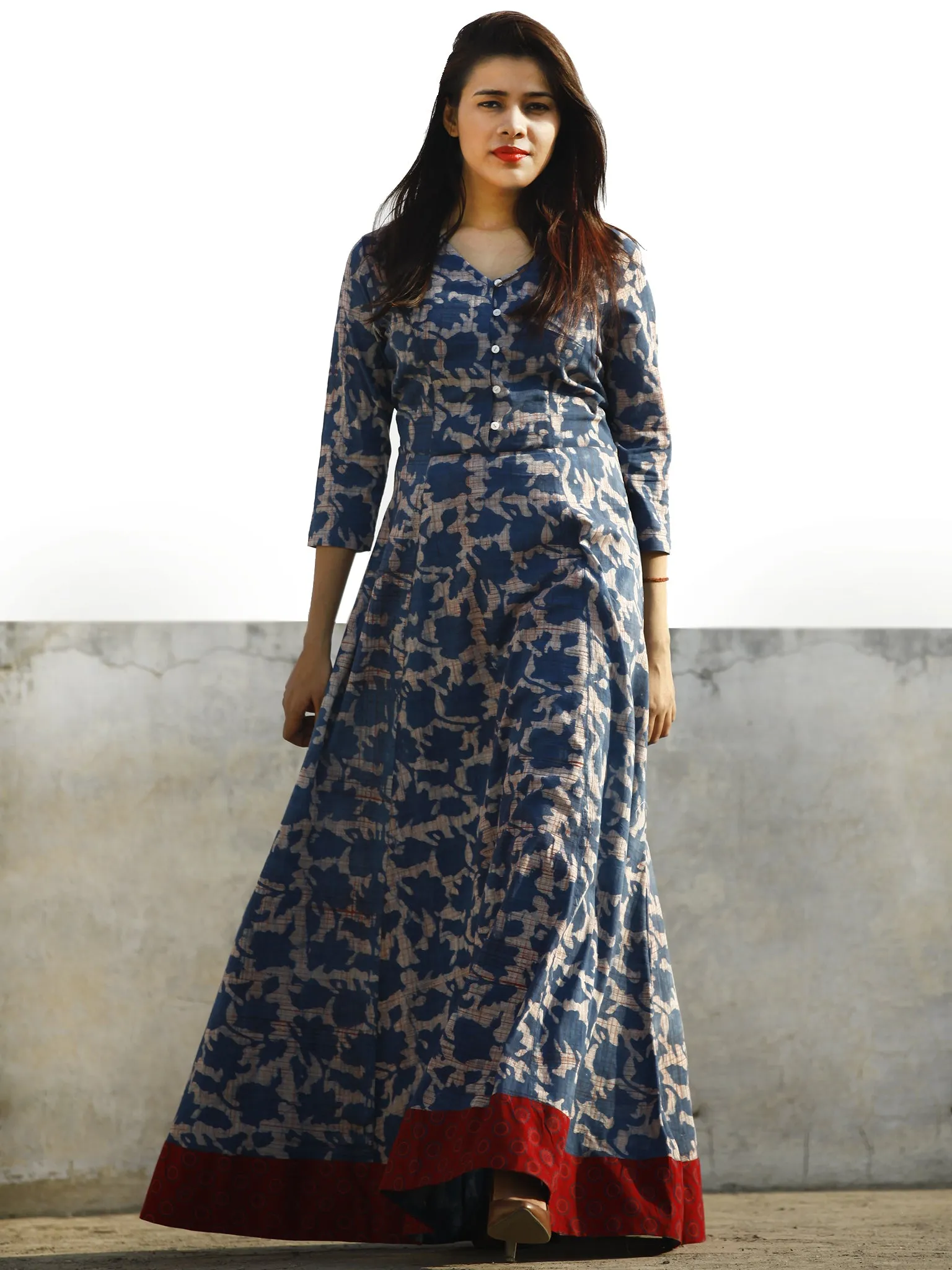 Nazmin - Hand Block Printed Long Cotton Dress With Back Knots - D162F775