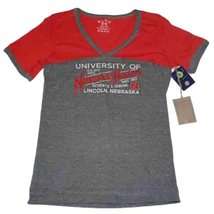 Nebraska Cornhuskers Blue 84 Womens V-Neck Metallic Soft Cotton Gray T-Shirt