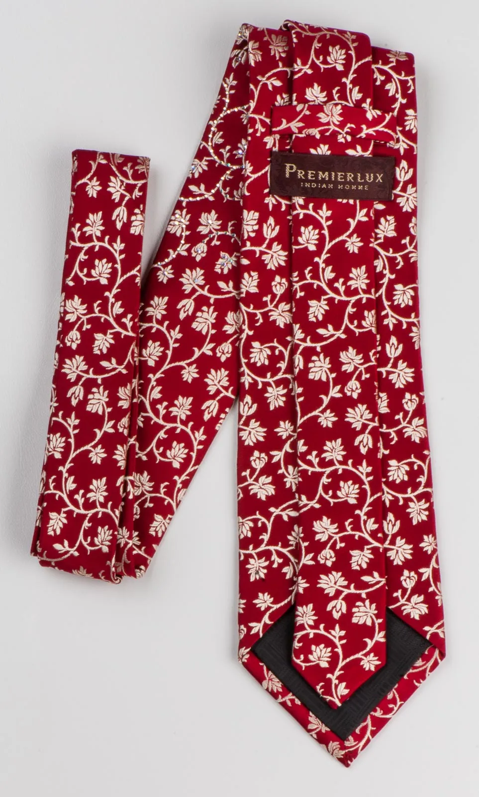 Neck Tie Golden Floral Design On Red Silk With Rhinestones