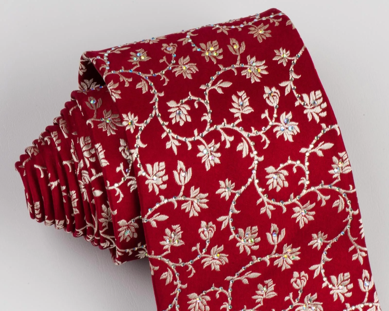 Neck Tie Golden Floral Design On Red Silk With Rhinestones