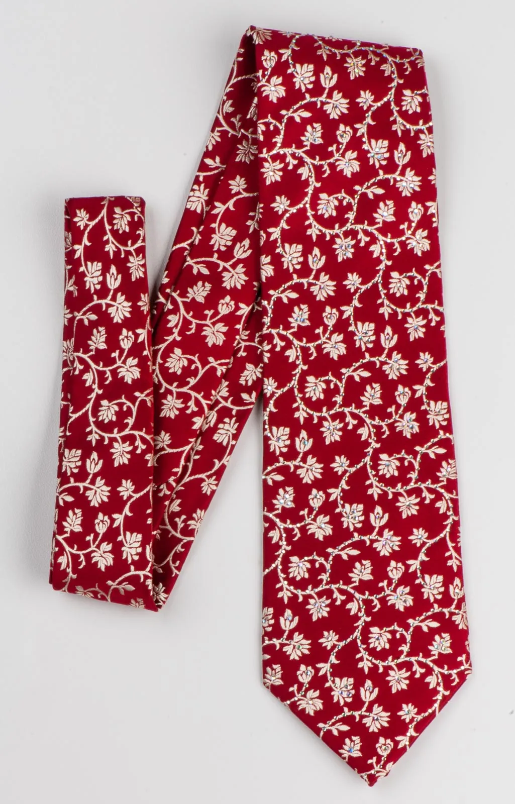 Neck Tie Golden Floral Design On Red Silk With Rhinestones