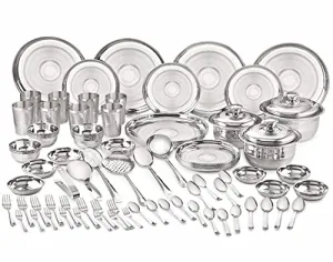 neelam Stainless Steel Checkered 24 Gauge Diamond Touch Eco Dinner Set, 101 Pcs, Silver