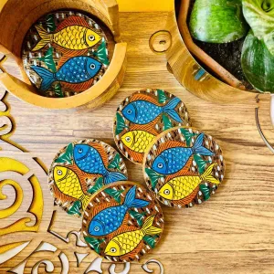 Neer Round Handcrafted Mango Wood Coaster with Holder (Set of 6)