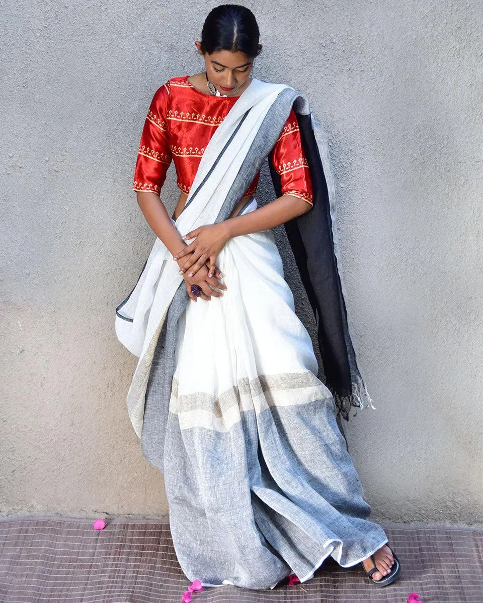 Neoma Handwoven Linen Saree-Stardust