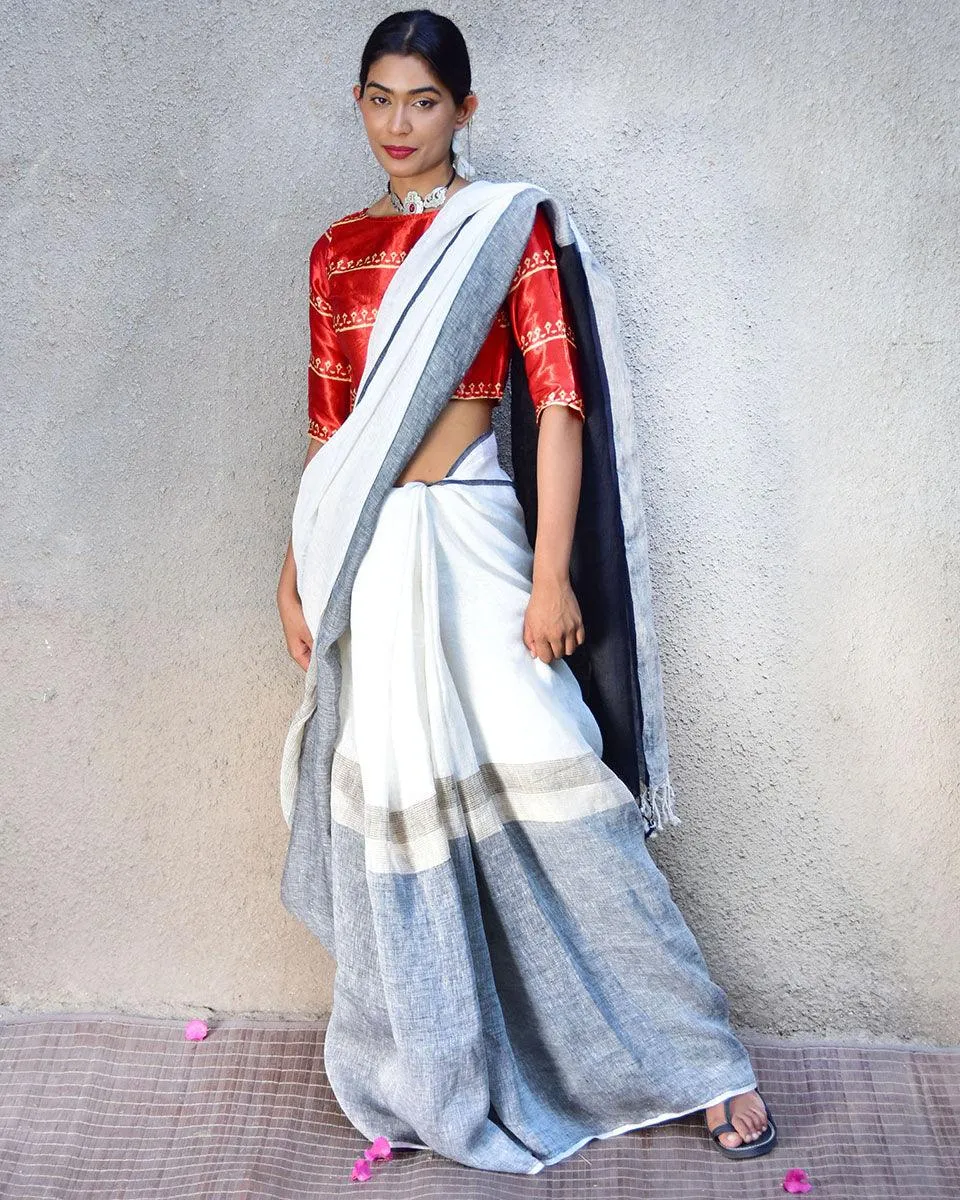 Neoma Handwoven Linen Saree-Stardust