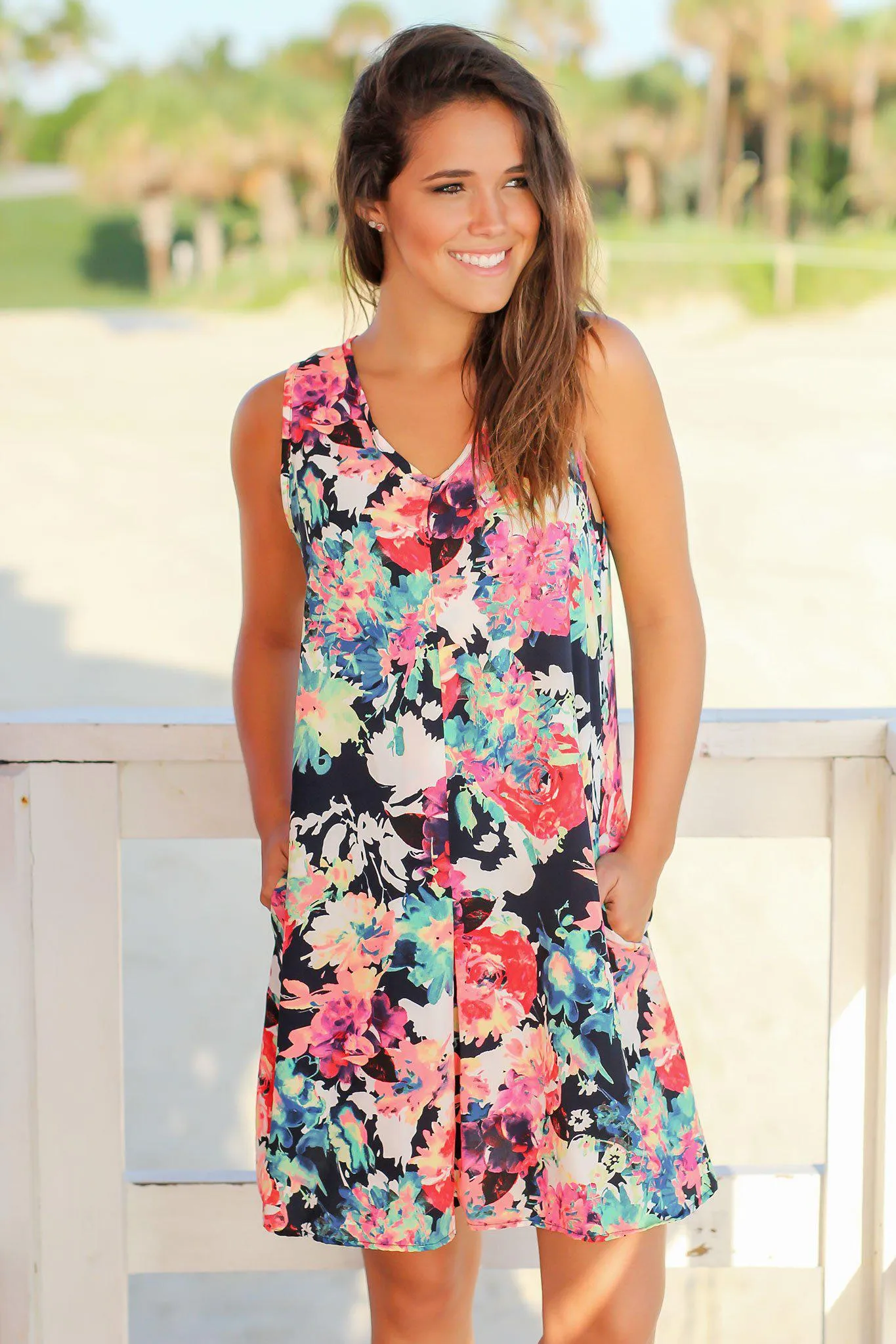 Neon Floral V-Neck Short Dress