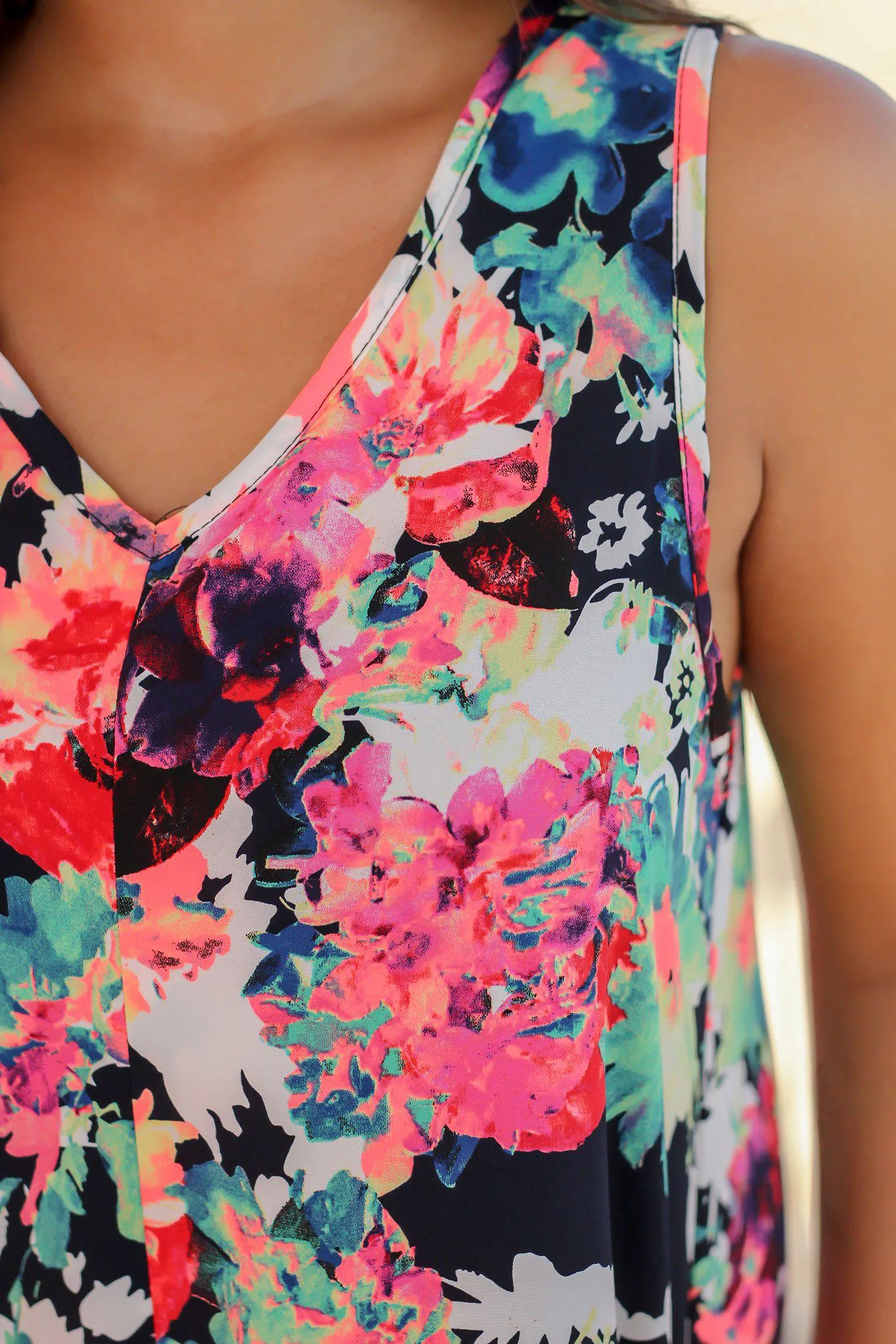 Neon Floral V-Neck Short Dress