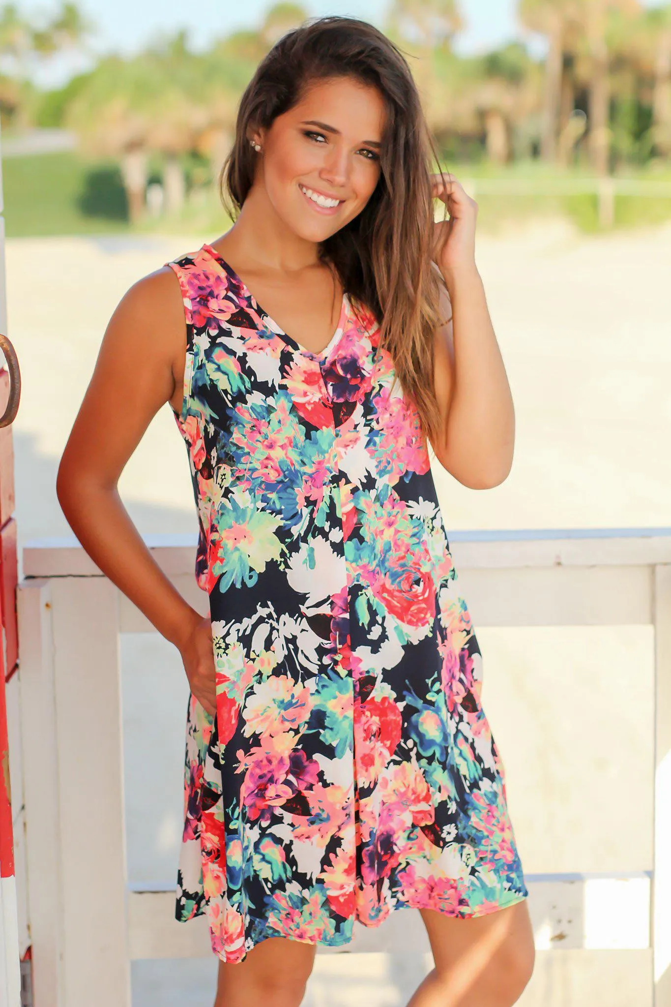 Neon Floral V-Neck Short Dress