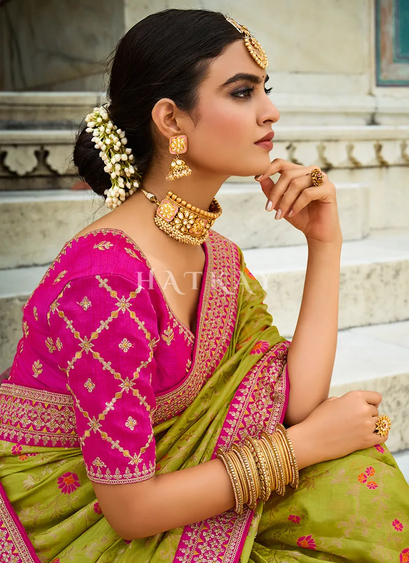 Neon Green And Pink Multi Embroidered Silk Saree