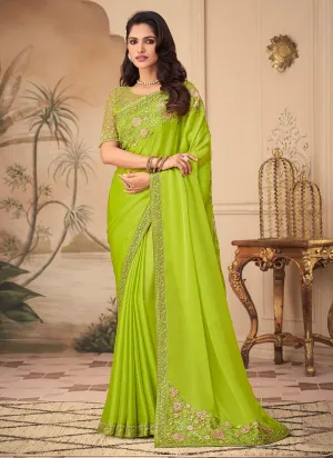 Neon Green Embroidered Party Wear Silk Saree