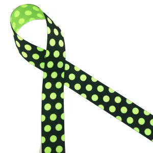 Neon green polka dots ribbon with a black background printed on 7/8" neon green grosgrain ribbon