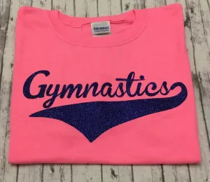 Neon Pink Gymnastics T-shirt with Royal Blue Glitter Vinyl