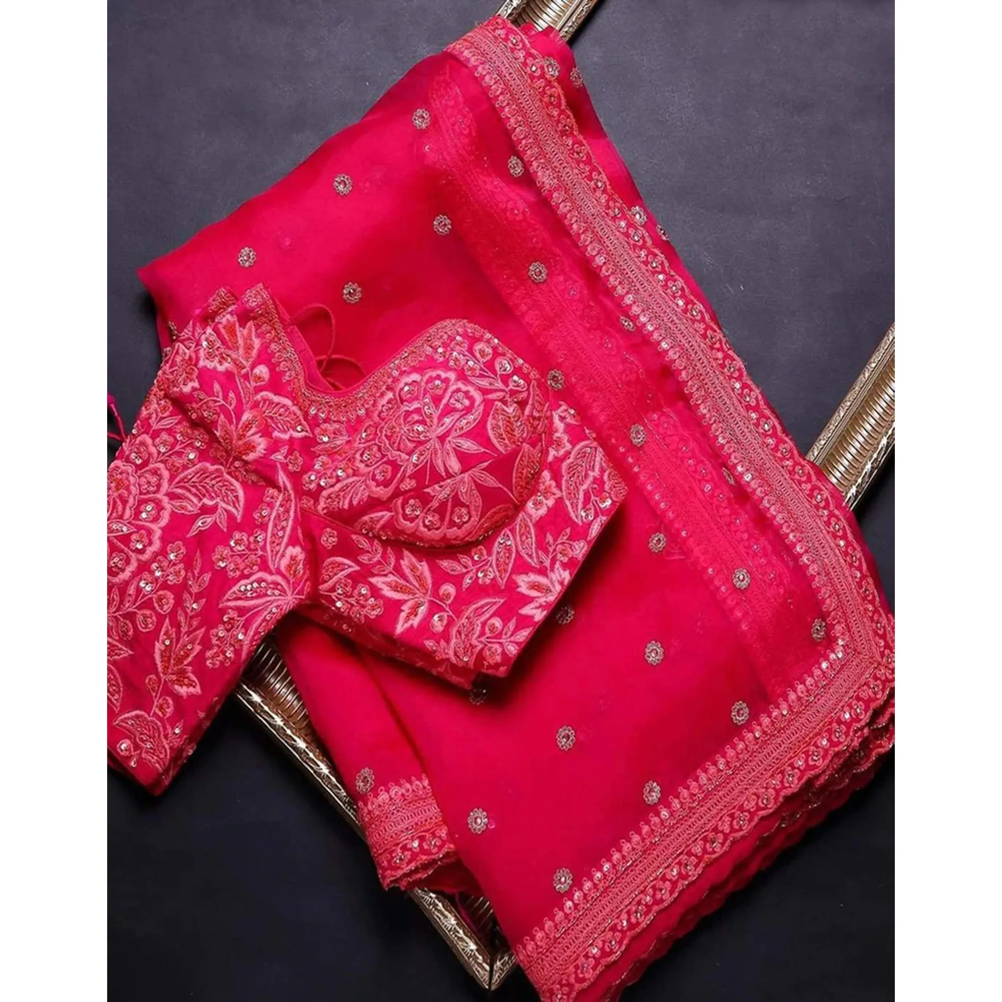 Neon Pink Organza Silk Saree with Heavy Embroidery Work