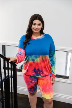 Neon Rainbow Tie-dye Color block Top & Biker Shorts Set Plus Size