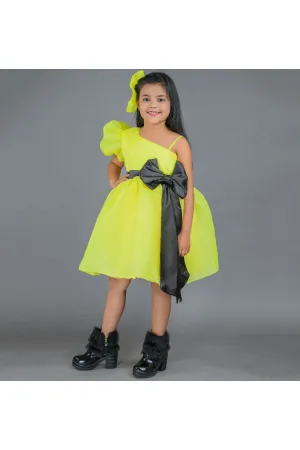 Neon Yellow Bow Detailing One Shoulder Organza Dress