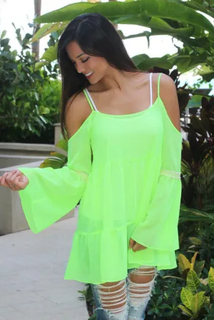 Neon Yellow Sheer Bell Sleeve Top